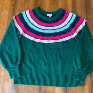 Crown & Ivy Sweater Large Green Pink Stripes Bishop Sleeve